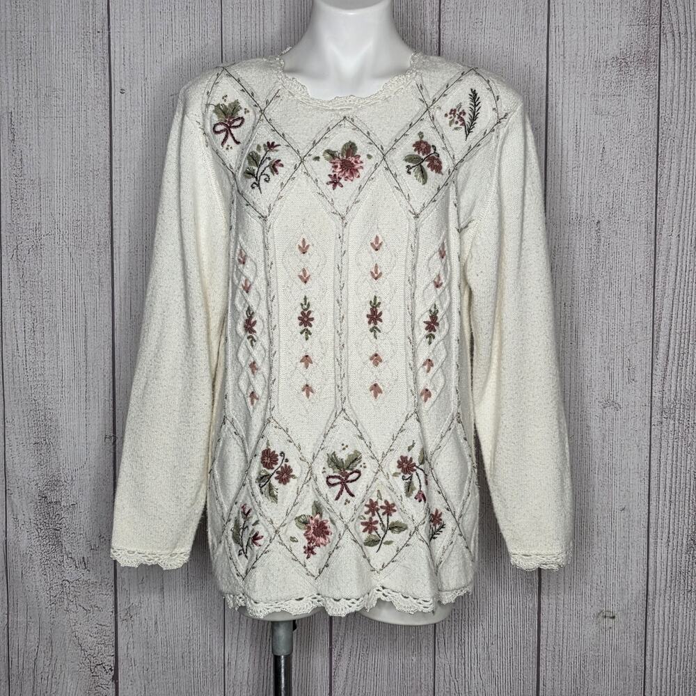 Vintage 90s Koret Petites Floral Embroidered Sweater M Cottagecore Grannycore